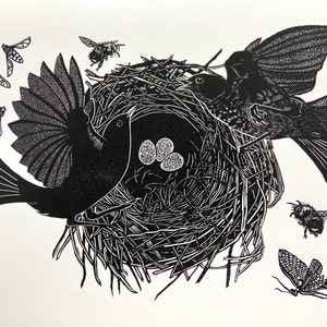 クロウタドリのリノカット版画