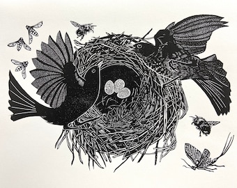 Linocut print of Blackbirds