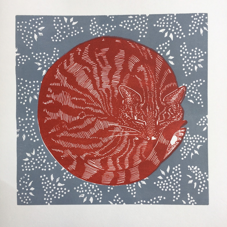 Linocut of a Sleeping cat
