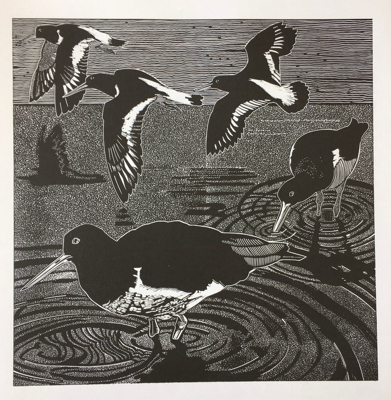 Linocutprint of Oystercatchers image 1