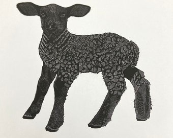 Large hand pulled linocut print of a Lamb