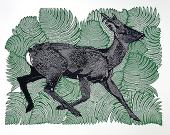 May include: A black and white illustration of a deer running through a forest of green ferns. The deer is in the foreground and the ferns are in the background.