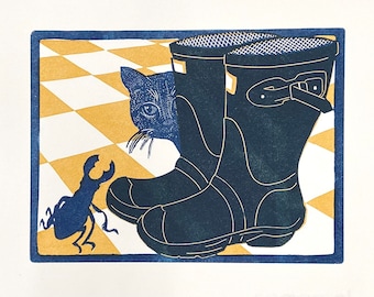 Limited edition, two plate linocut print of cat hiding from a stag beetle