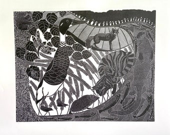 Large linocut print of a Duck