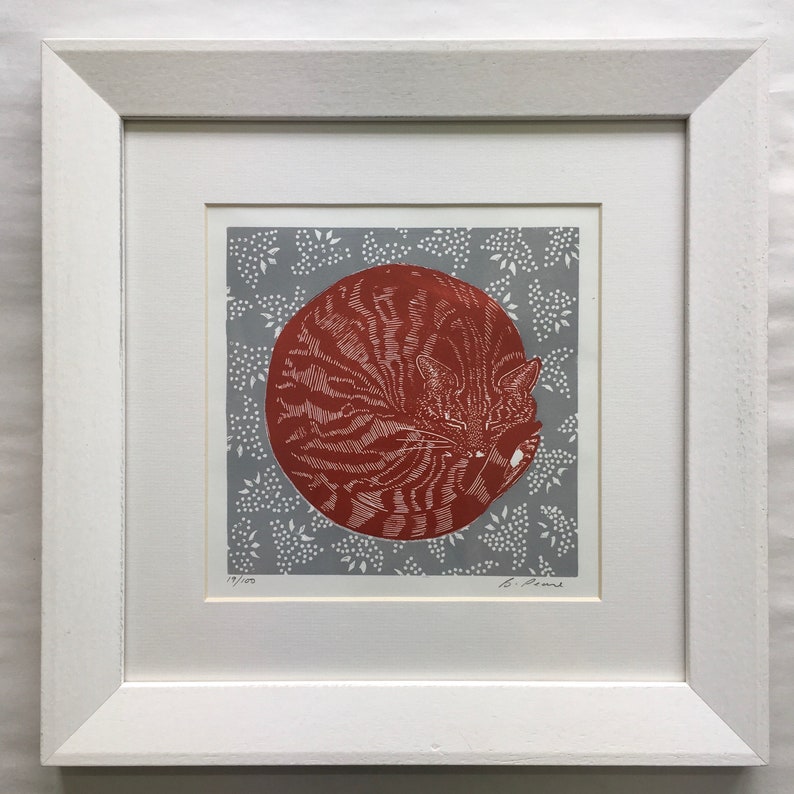 Linocut of a Sleeping cat