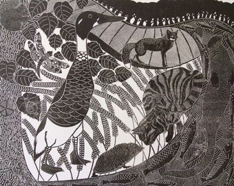 Large linocut print of a Duck in the woods