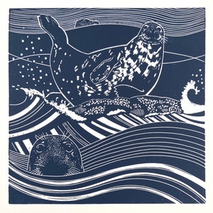 Linocut print of Grey seals