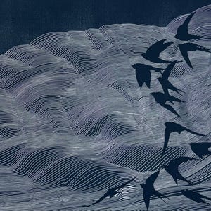 May include: An art print in dark blue and white, showing a flock of birds flying above a stylized landscape. The artwork uses a linework style to depict the birds and the undulating terrain, creating a sense of movement and depth.