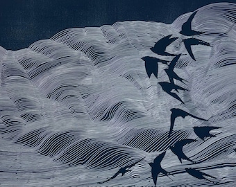 Linocut of Swallows flying over the Sea