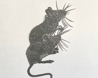 Linocut of two mice