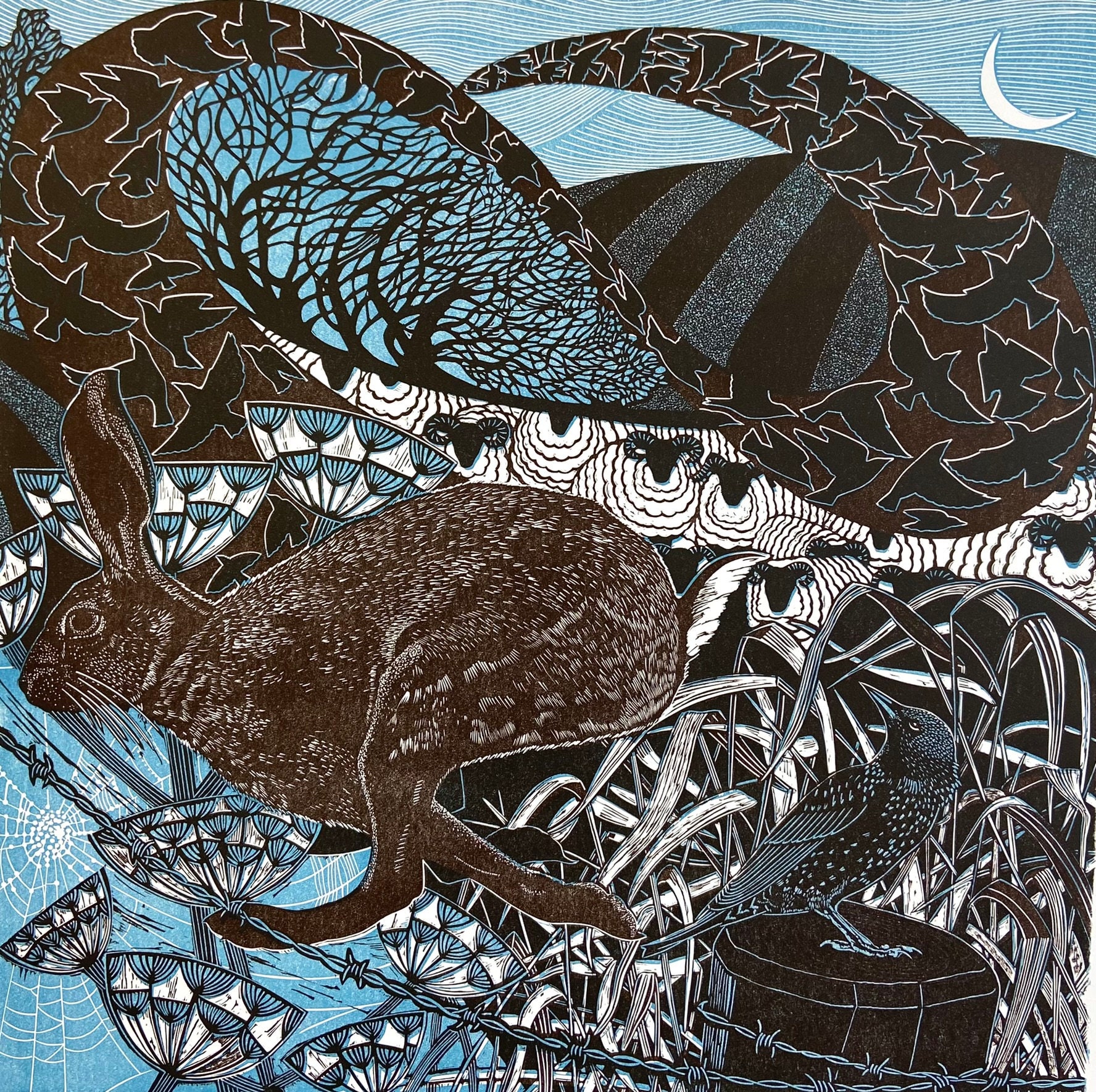 Linocut of Murmuration