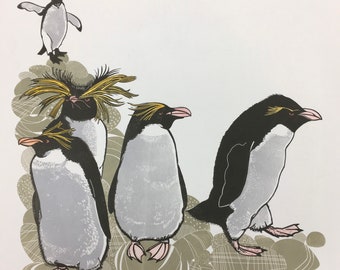 Linocut of Penguins
