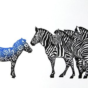 Handpulled limited edition  linocut print of Zebras