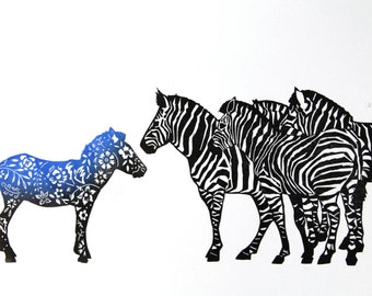 Handpulled limited edition  linocut print of Zebras