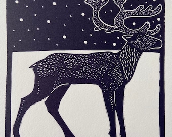 Linocut of a Deer in the snow