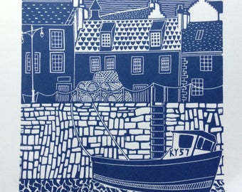 Linocut print of a Harbour scene