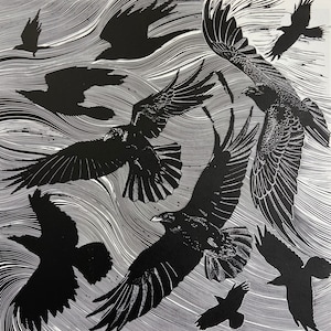 Linocut of Flying Ravens