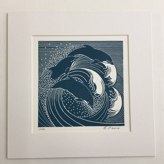 B. Tapper イルカの版画 23/100 3頭のイルカが跳躍するリノカット版画 - Etsy 日本