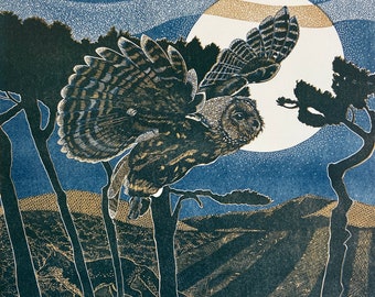 Linocut of Owl with Moon