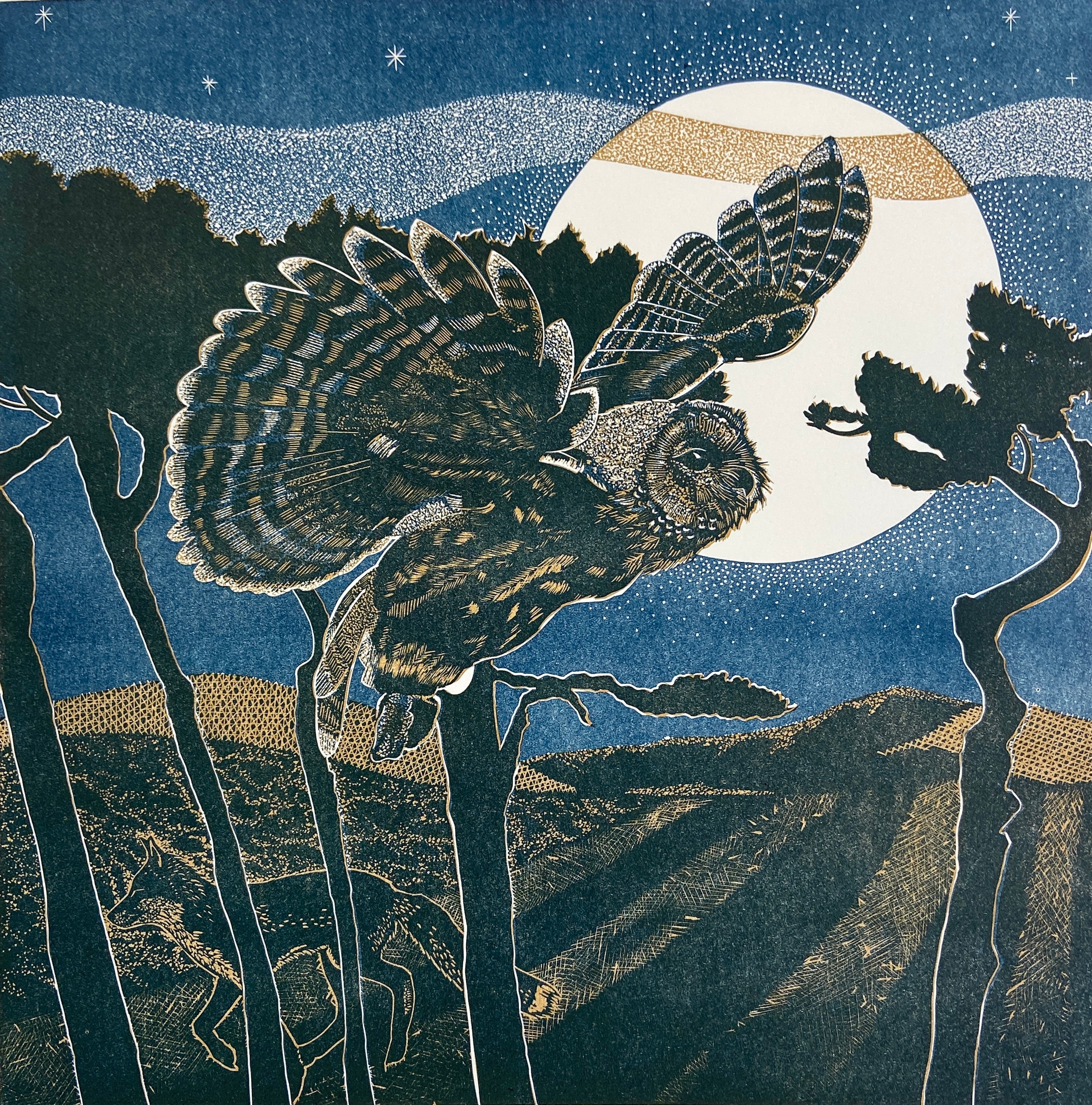 Linocut of Owl with Moon