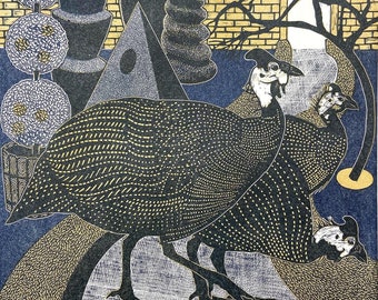 Linocut of Guinea fowl