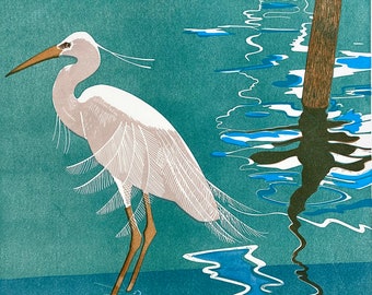 Linocut of a Little Egret