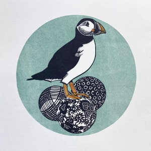 Linocut of a Puffin
