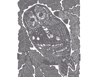 Linocut of an owl in an oak tree