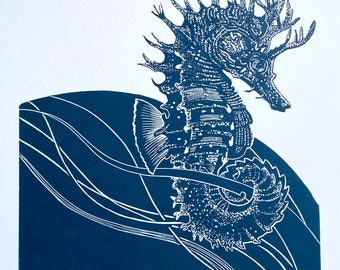 Linocut of a Seahorse