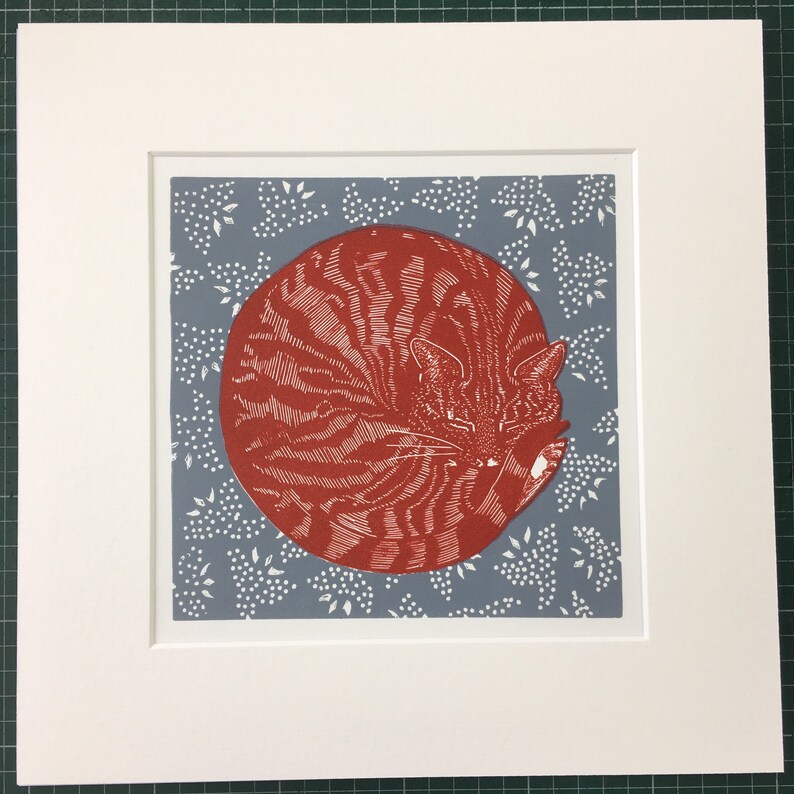 Linocut of a Sleeping cat