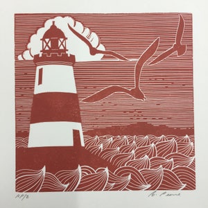 Linocut print of a Lighthouse