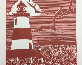 Linocut print of a Lighthouse