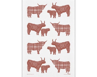 100% cotton tea towel with Tartan Highland Cow,  mother and calf