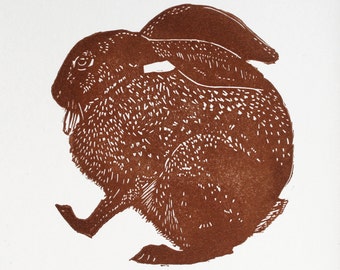 Small linocut print of Hare