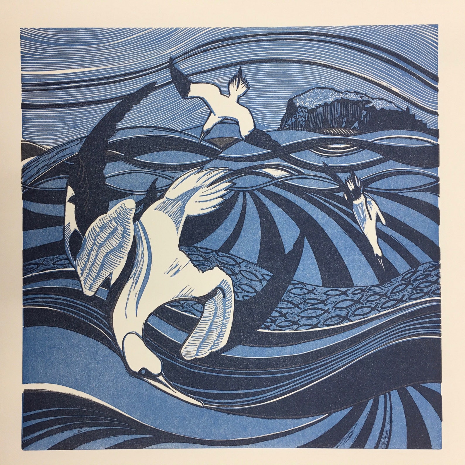 Linocut of the Bass Rock Etsy