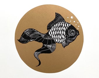 Linocut of a Goldfish in a gold bubble