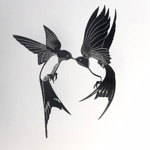 May include: Black and white illustration of two birds facing each other with their beaks touching. The birds are stylised and have long, pointed tails.