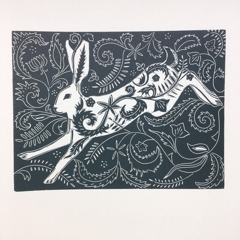 Linocut Print of Jumping Hare - Etsy