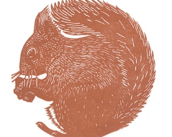Pode incluir: Uma gravura em linóleo castanha de um esquilo em posição enrolada, segurando uma noz. O pelo do esquilo é detalhado com linhas texturizadas, sobre um fundo branco. A obra de arte tem um aspeto rústico e artesanal.