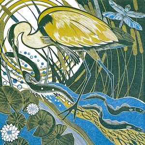 Linocut of a Heron