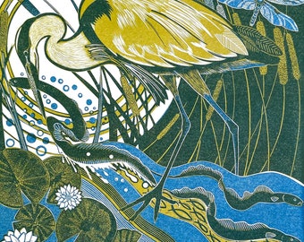 Linocut of a Heron