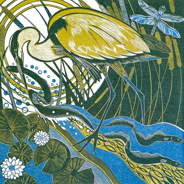 Linocut of a Heron