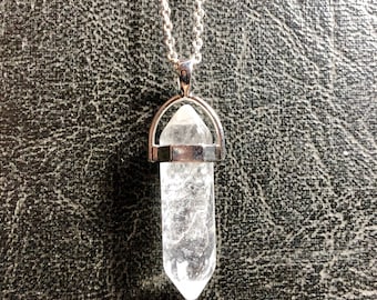 Real Clear White Quartz Double Terminated Crystal Point Cut Wand Gem Stone Necklace in Hexagon Cage
