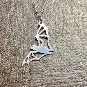 Simple Flying Bat Open Geometric Cut Stainless Steel Metal Petite Goth Origami Style Necklace Pendant on Fine Steel Chain