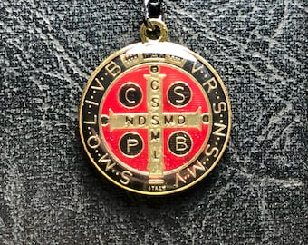 Blackened Exorcism Talisman Black and Red Enameled Gold Saint Benedict Medallion St Benedict Posessed