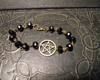 Bronze Pentagram and Black Rosary Bead Bracelet