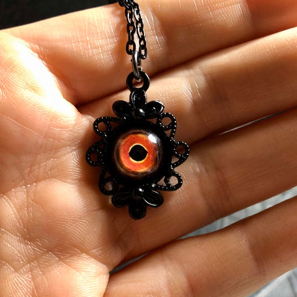 Tiny Iguana Lizard Red Eye Black Lace Taxidermy Acrylic Reptile Eye Necklace Taxidermist Round Eyeball Black Flower Bezel