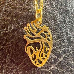 Simple Anatomical Heart Open Geometric Cut Stainless Steel Metal Petite Goth Gold Plated Necklace Pendant on Fine Steel Chain