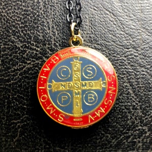 Red and Blue Exorcism Talisman Enameled Golden Saint Benedict Medallion Relic St Benedict Posessed Posession