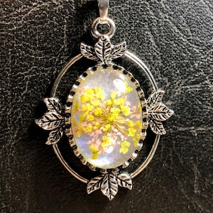 Real Yellow and Pink Double Stack Pressed Queen Annes Lace Pink Flash Pearl Dyed Flower Organic Preserved Specimen Silver Leaf Halo Necklace